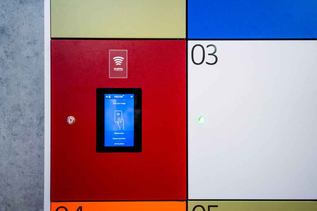 Simplicity smart lock control panel on a locker bank.