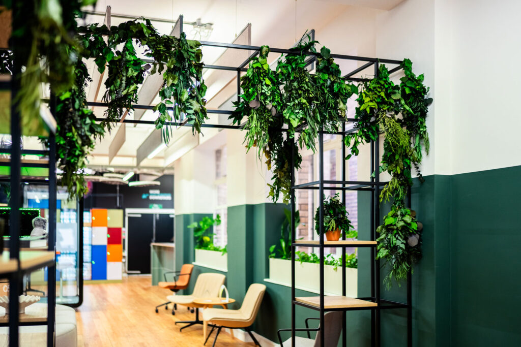 Modern office dividers with greenery to enhance the aesthetics of the walkway.