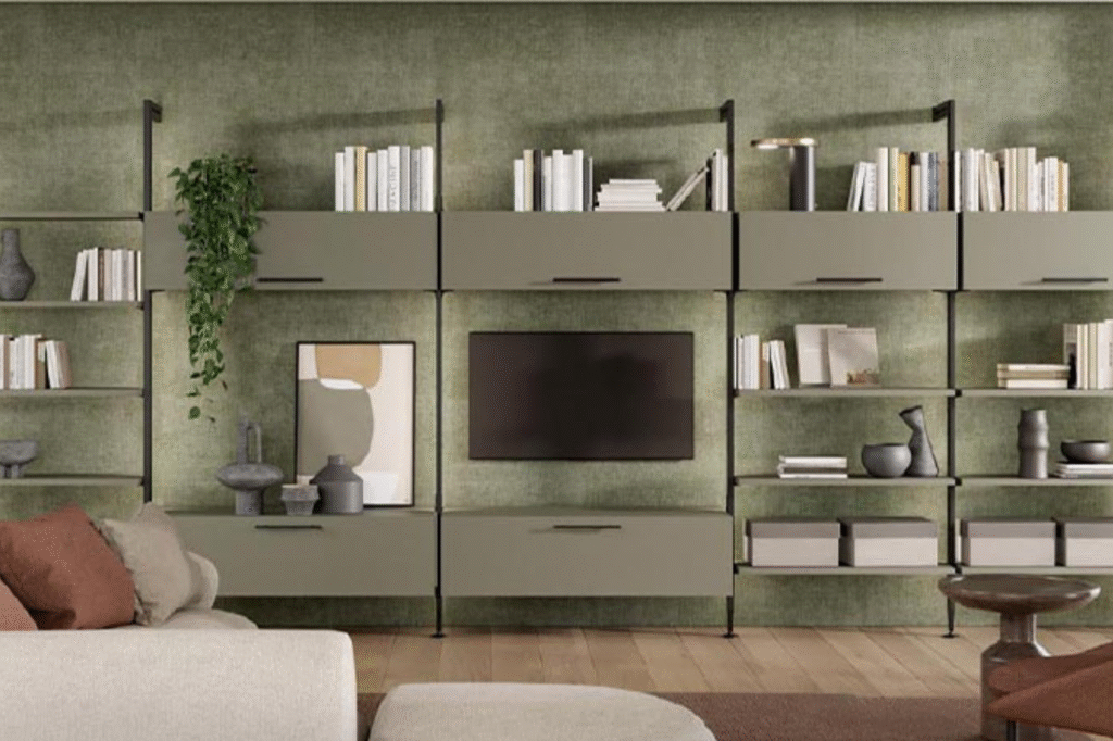 Wall modular shelving in a home environment.