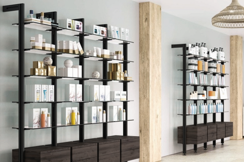 Modular shelving in a retail environment displaying products.