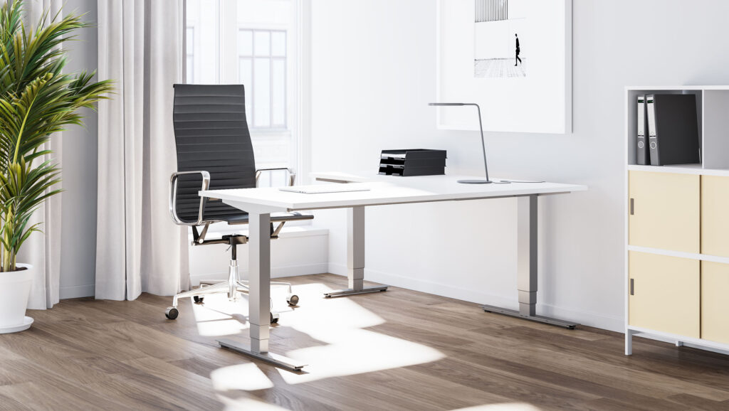 Forte 3 leg sit stand corner desk in an office render.