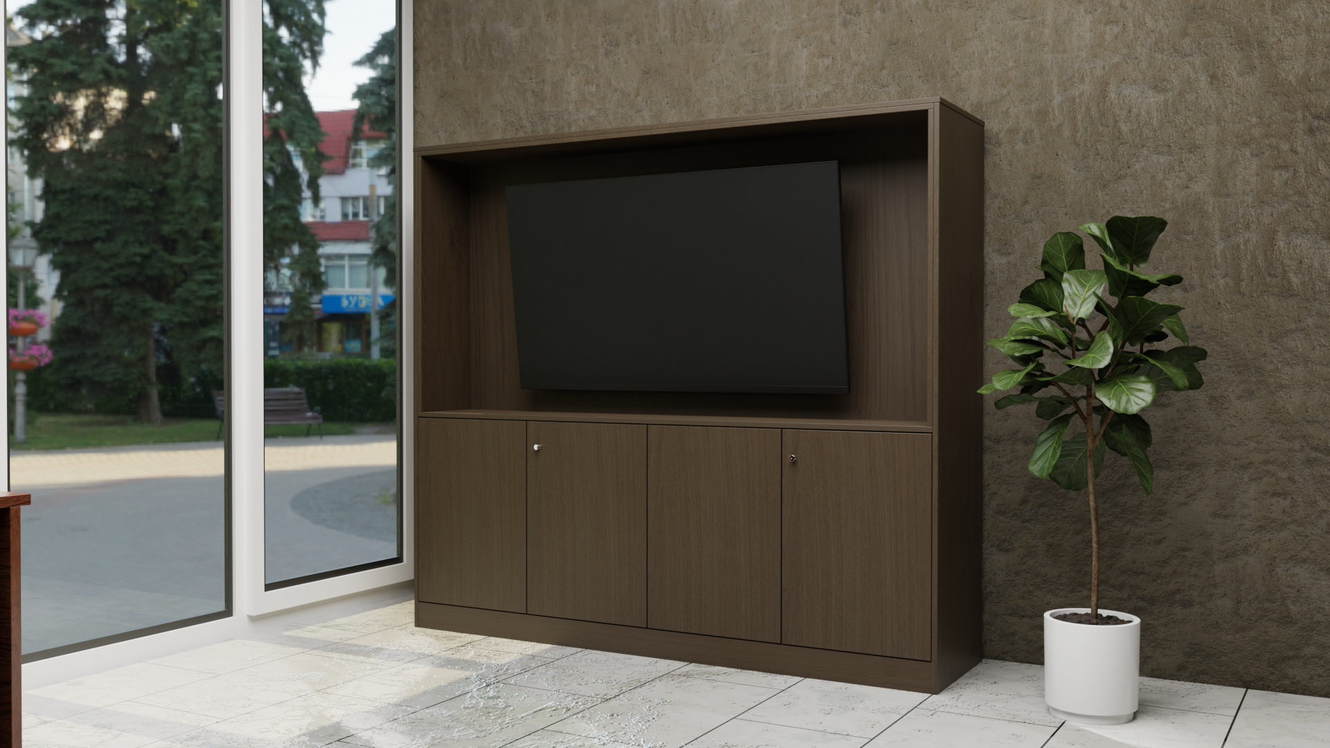 Render of a media storage wall unit with an integrated display screen.