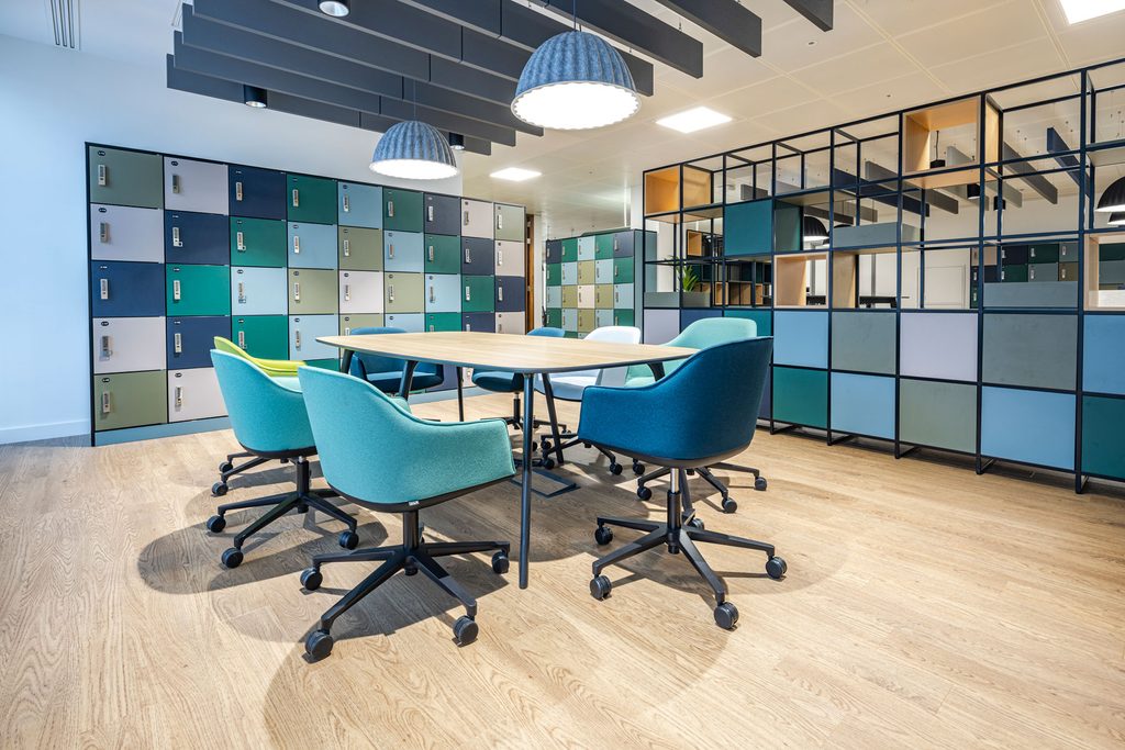 Traditional lockers and Plexus in a collaborative area for an insurance company.